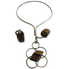 1970s Tiger
s Eye Silver Necklace and Ring Set