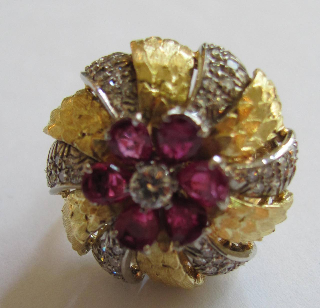Ruby Diamond Gold Italian Turban Flower Ring In Excellent Condition In Cremona, Lombardia