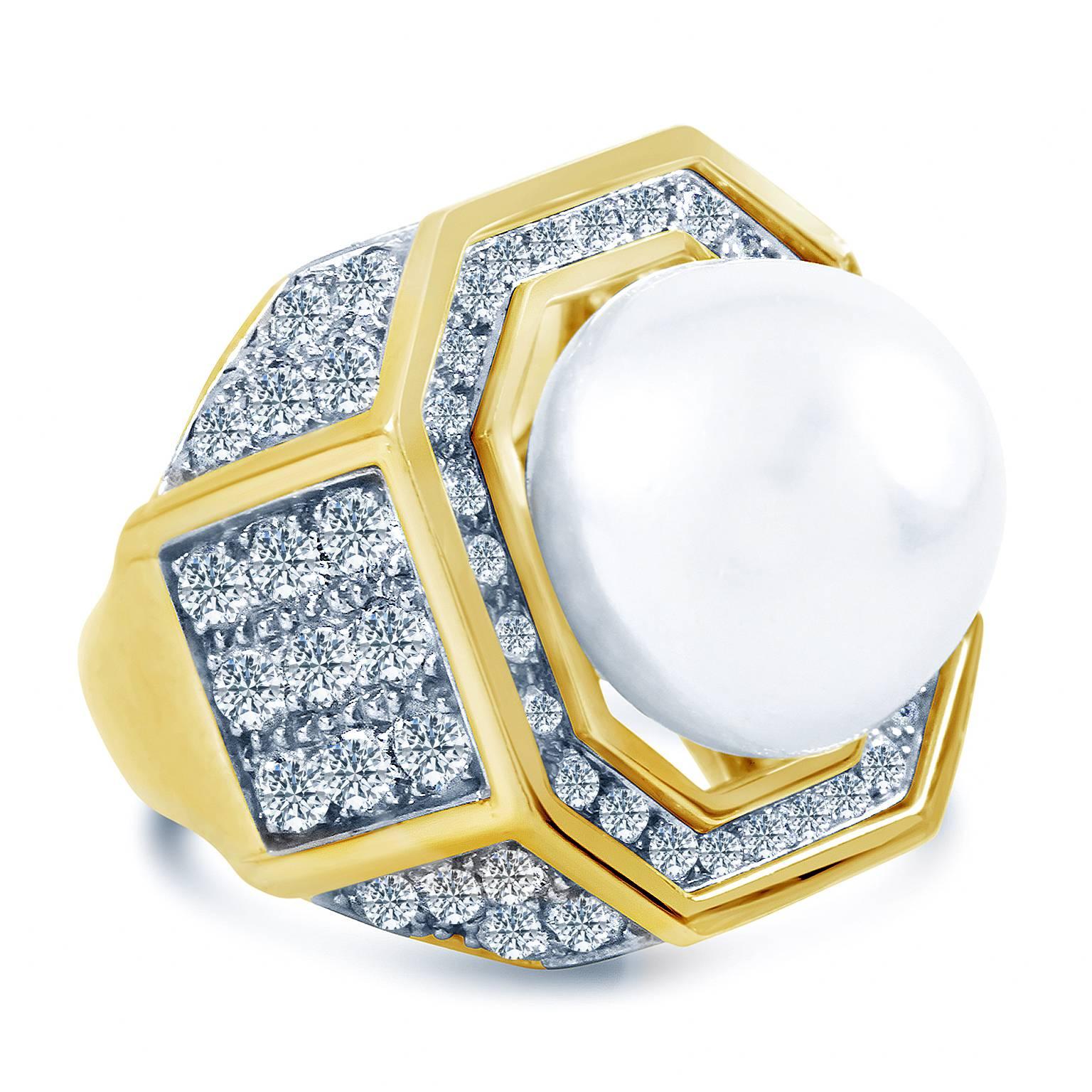 Men's David Webb Black Onyx South Sea Pearl Diamond Gold Platinum Ring For Sale