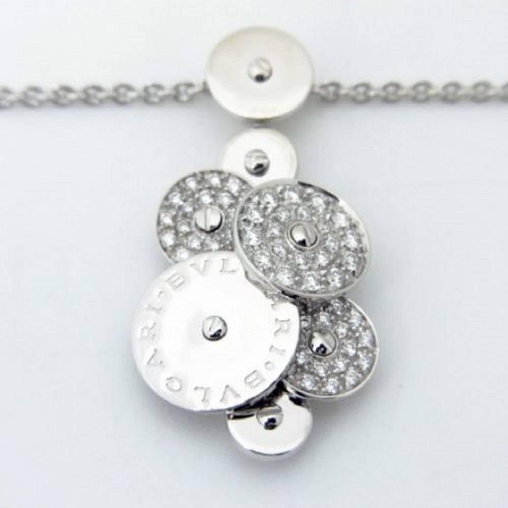 Made of 18k White Gold
Hallmarks: Bulgari, 750, Made In Italy
Stones: Diamonds
Weight: 15.7 Grams
Pendant Dimensions: 34mm in length (1.33)
Necklace Length: Adjustable up to 18
Condition: Excellent