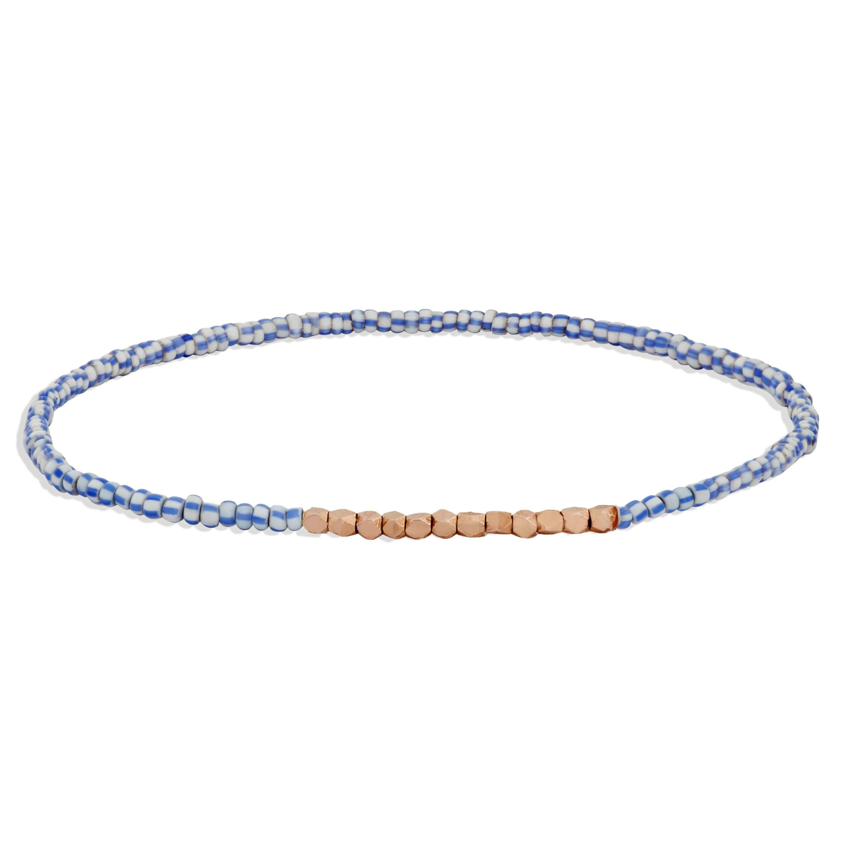 Allison Bryan Bracelet vintage en perles bleues et blanches avec or rose