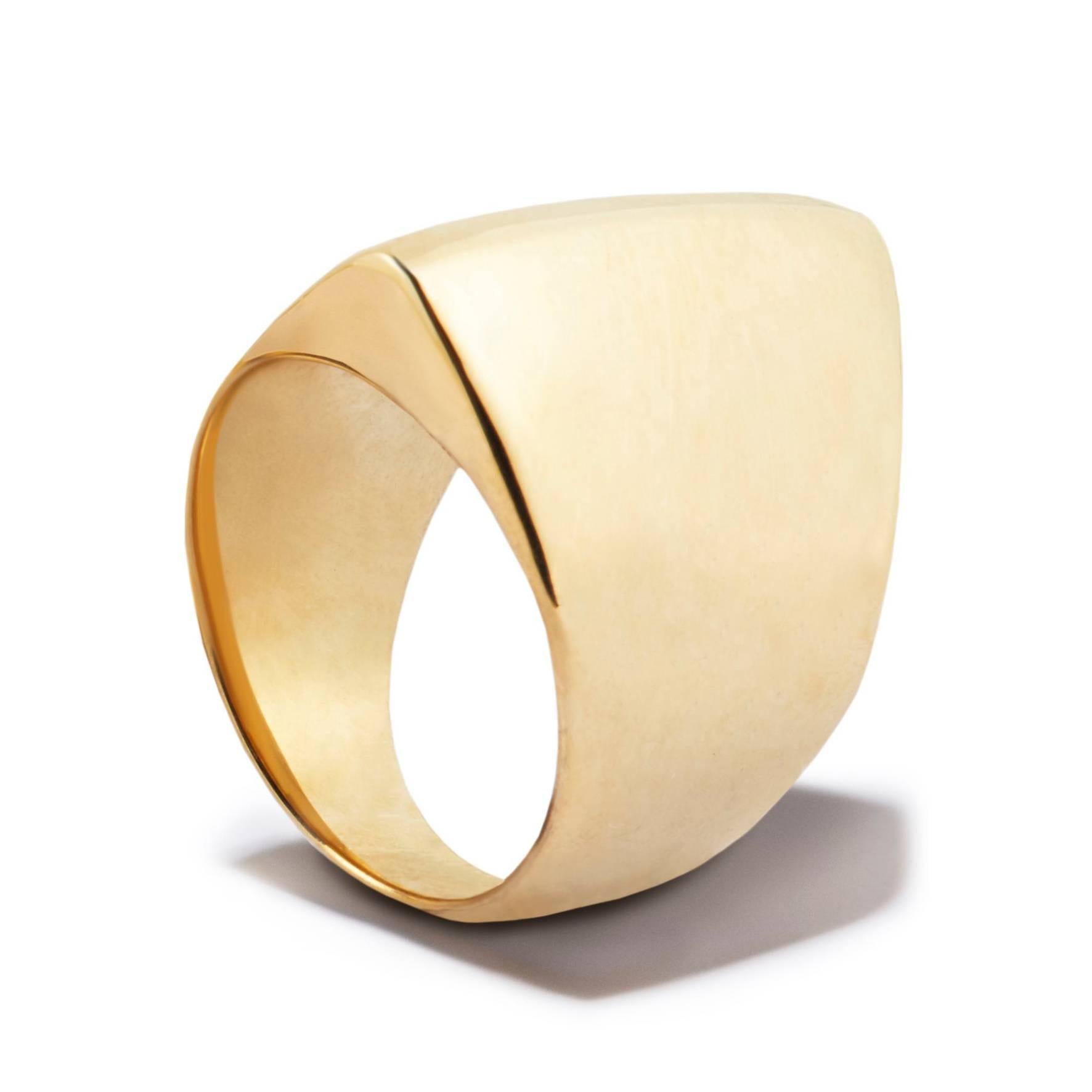 This statement Ridge ring is cast in solid sterling silver and plated with 18-carat yellow gold for a glossy finish.  This ring is in stock in a UK size L (equivalent to US size 5 1/2,  UK size M (equivalent to US size 6  or European 52 3/4) and a