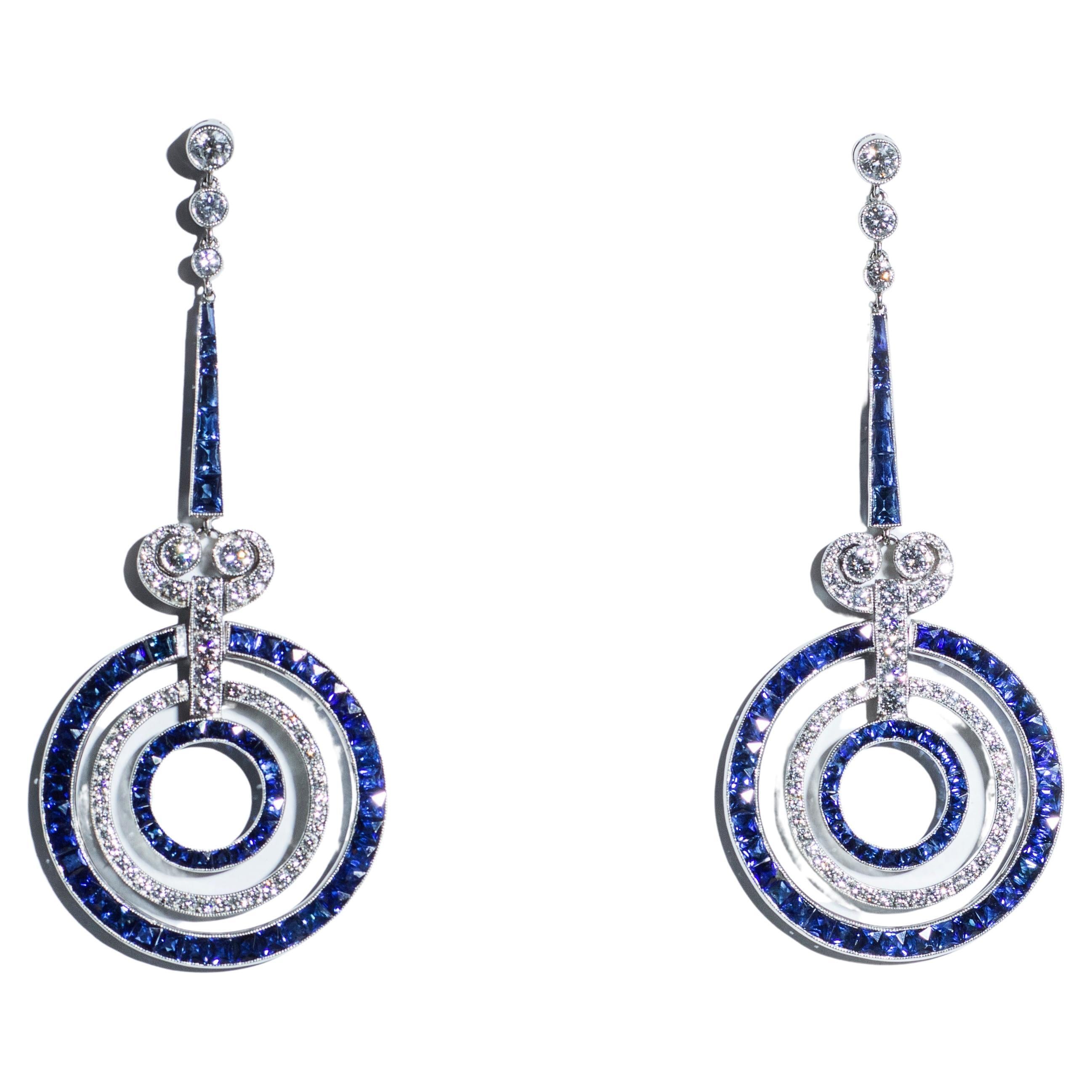  Art Deco Style Sapphire Diamond Platinum Earrings For Sale