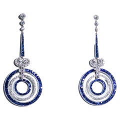  Art Deco Style Sapphire Diamond Platinum Earrings
