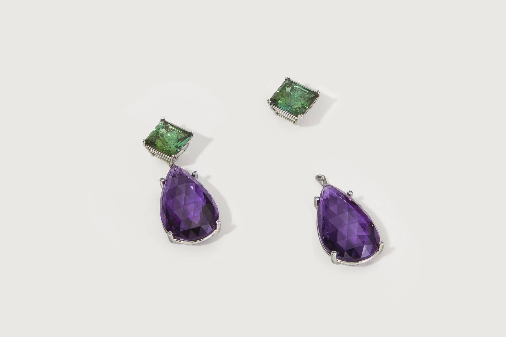 Elegance combined with superb craftmanship. Rich colors, beautifully cut stones, 
Two in One: Earrings, tourmaline 30,46 ct. with detachable amethyst drops 51,86 ct., platinum and diamonds 0,04 ct.
Gorgeous Earrings for stunning ladies. Simplicity