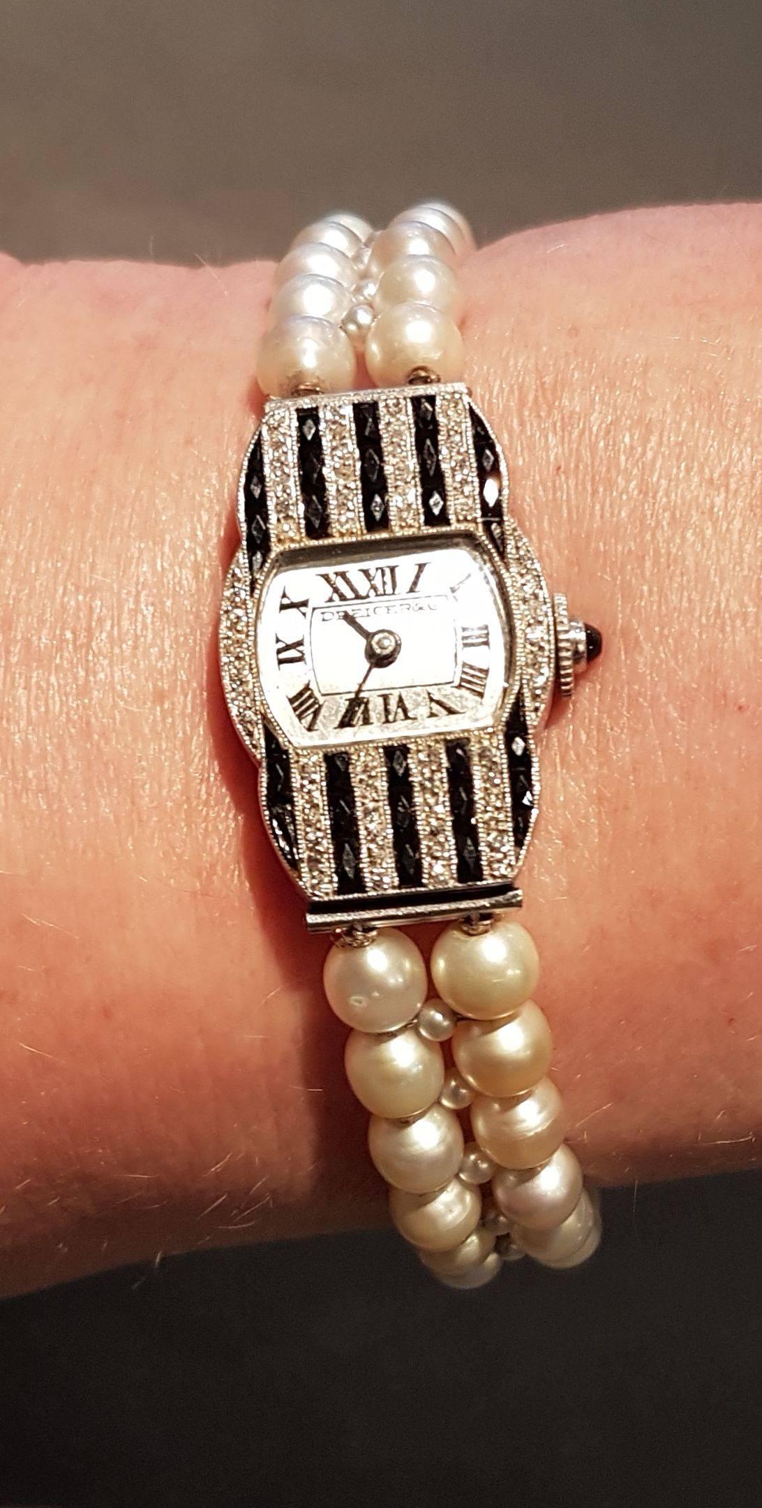 Mixed Cut Dreicer & Co. Ladies Art Deco Diamond Natural Pearl Onyx Wristwatch