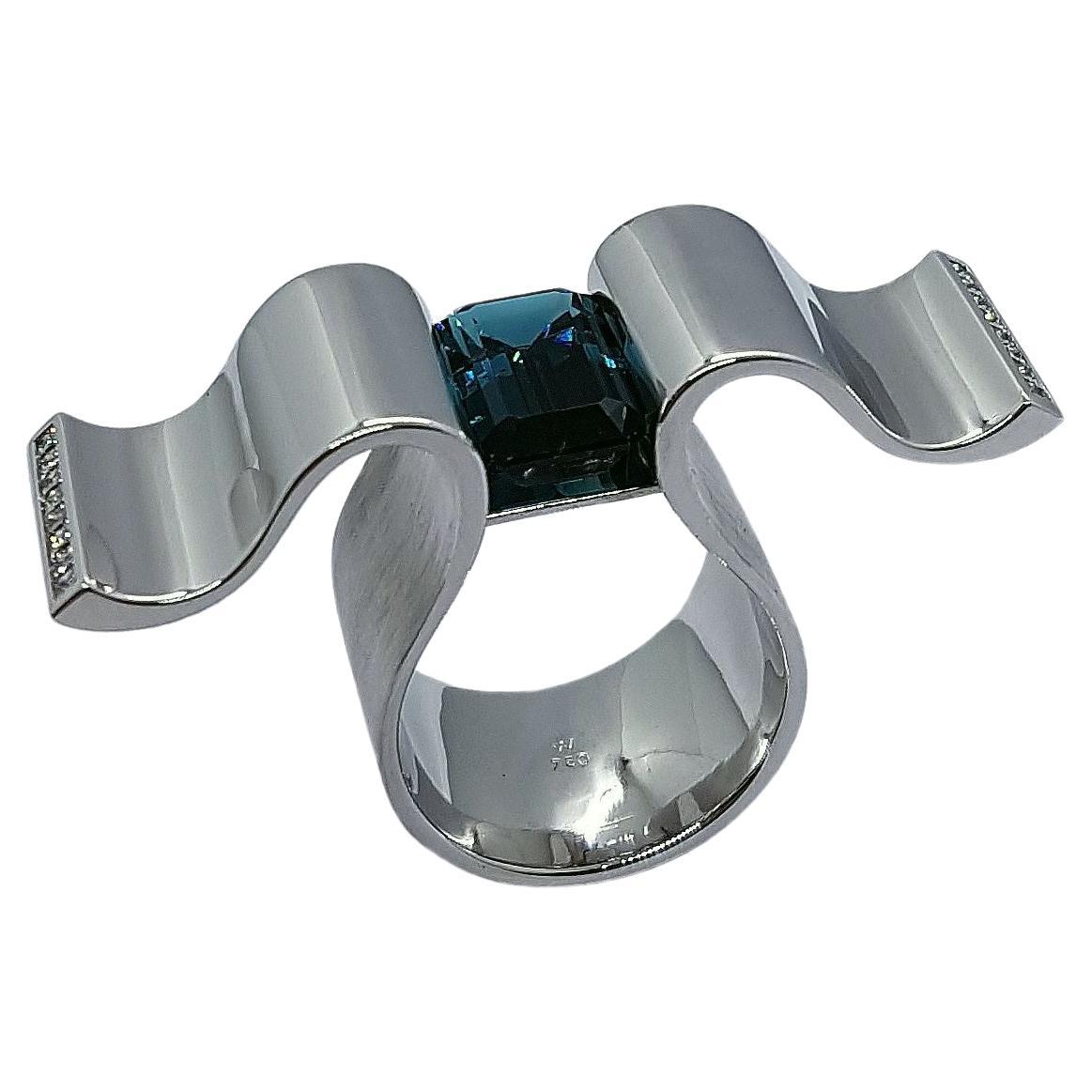 Emerald Cut 6.13 Carat Indicolite Diamond White Gold Ring “Wave” Wagner Collection For Sale