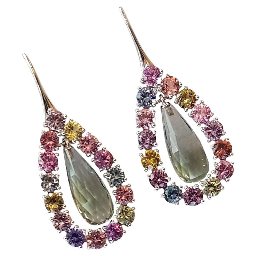 Prasiolite and Natural Untreated Sapphire Gold Earrings by Wagner Preziosen For Sale