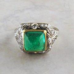 Art Deco Cabachon Emerald Diamond Platinum Ring