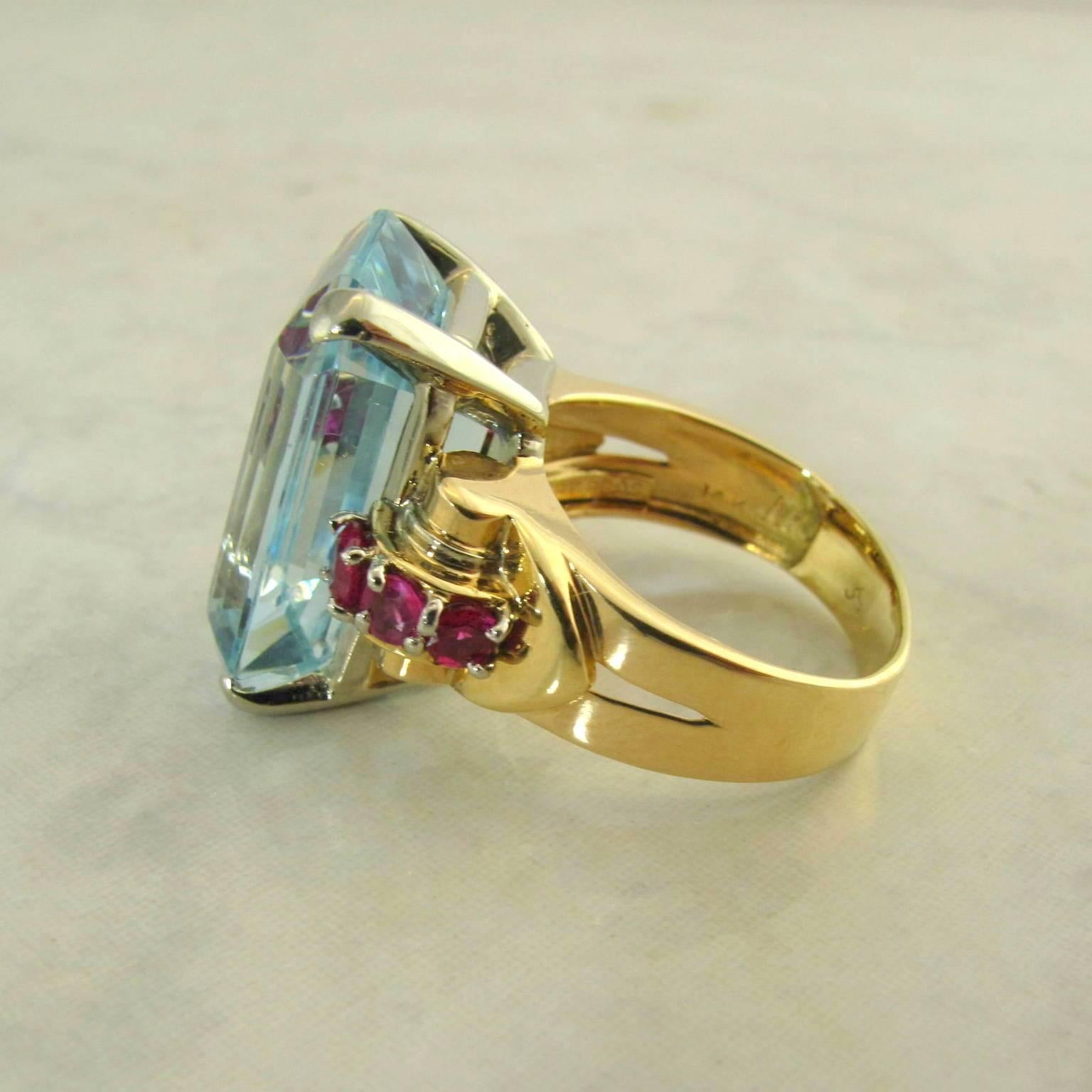 Emerald Cut Aquamarine Ruby Retro 14 Karat Rose Gold Ring For Sale