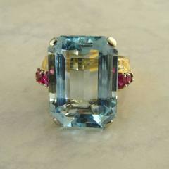 Aquamarine Ruby Retro 14 Karat Rose Gold Ring