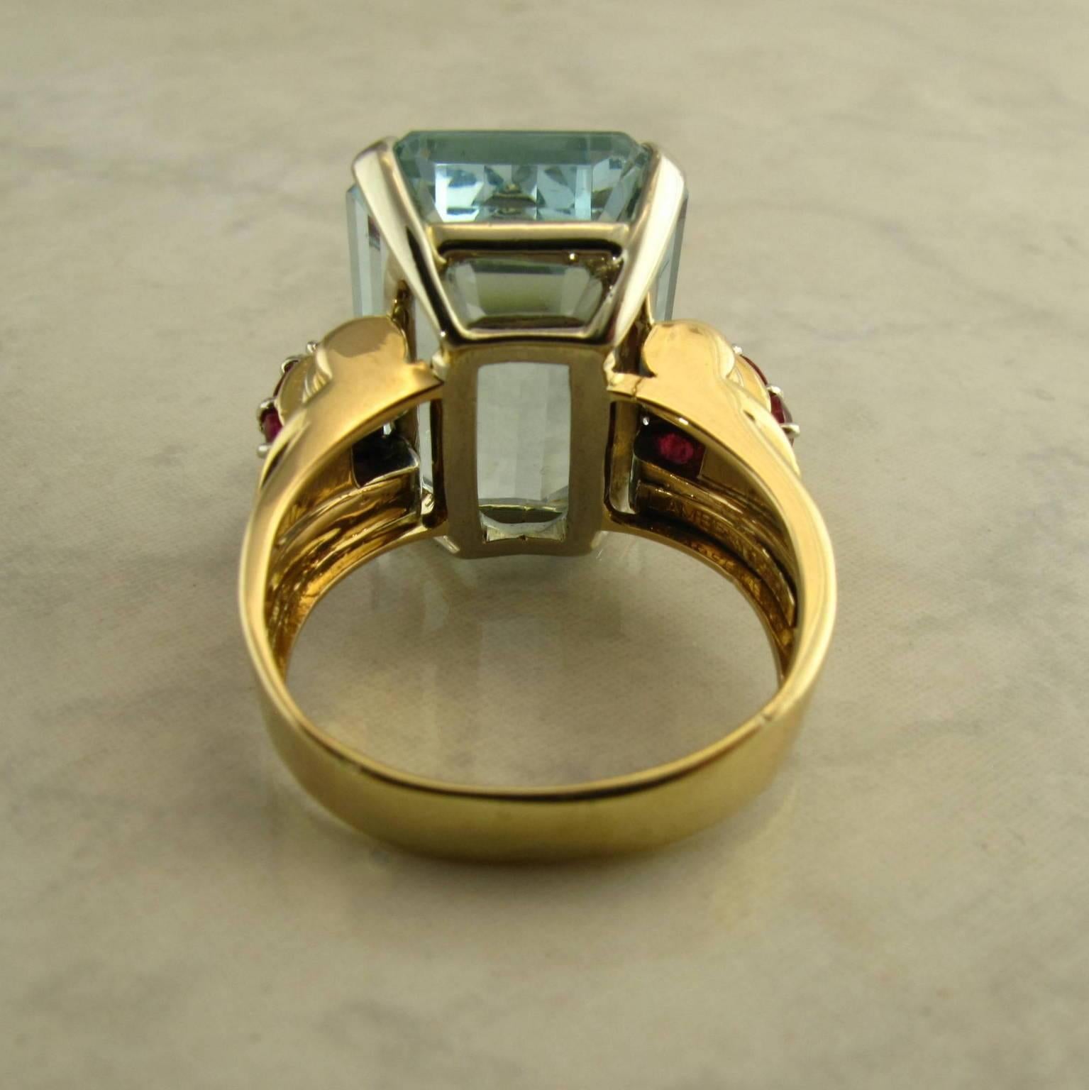 Aquamarine Ruby Retro 14 Karat Rose Gold Ring In Good Condition For Sale In Kennebunkport, ME