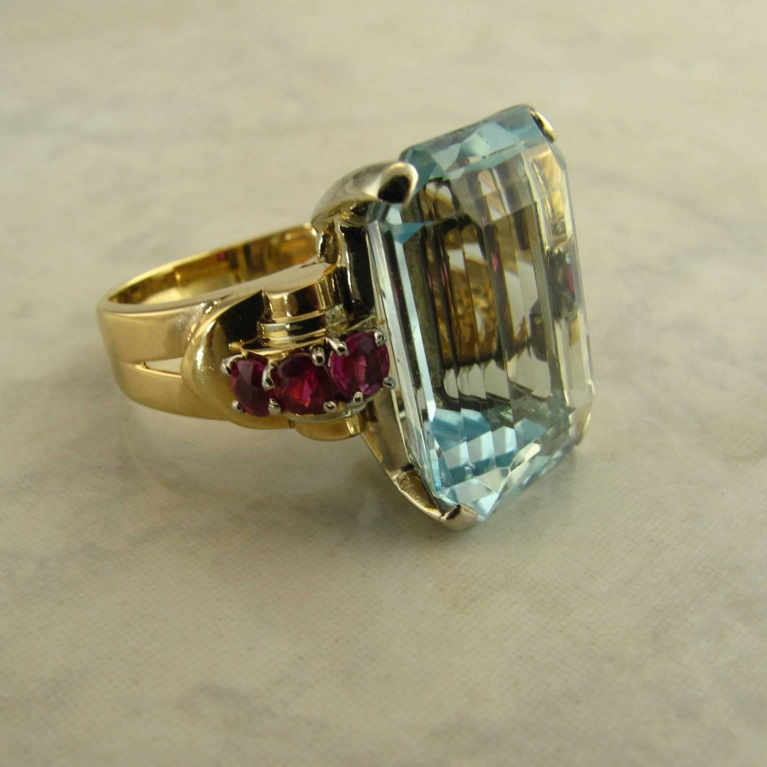 Women's Aquamarine Ruby Retro 14 Karat Rose Gold Ring For Sale