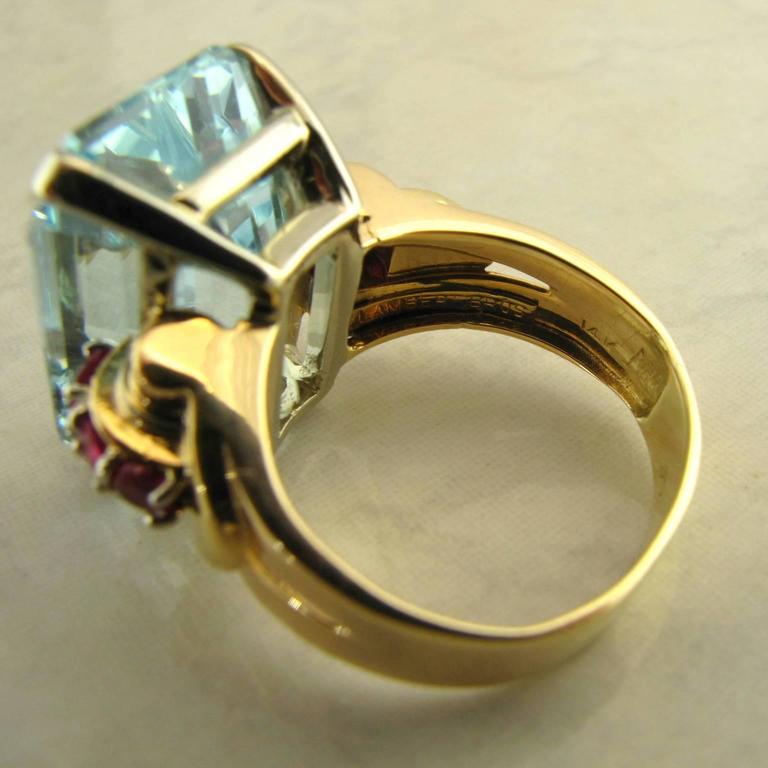 Aquamarine Ruby Retro 14 Karat Rose Gold Ring For Sale at 1stDibs
