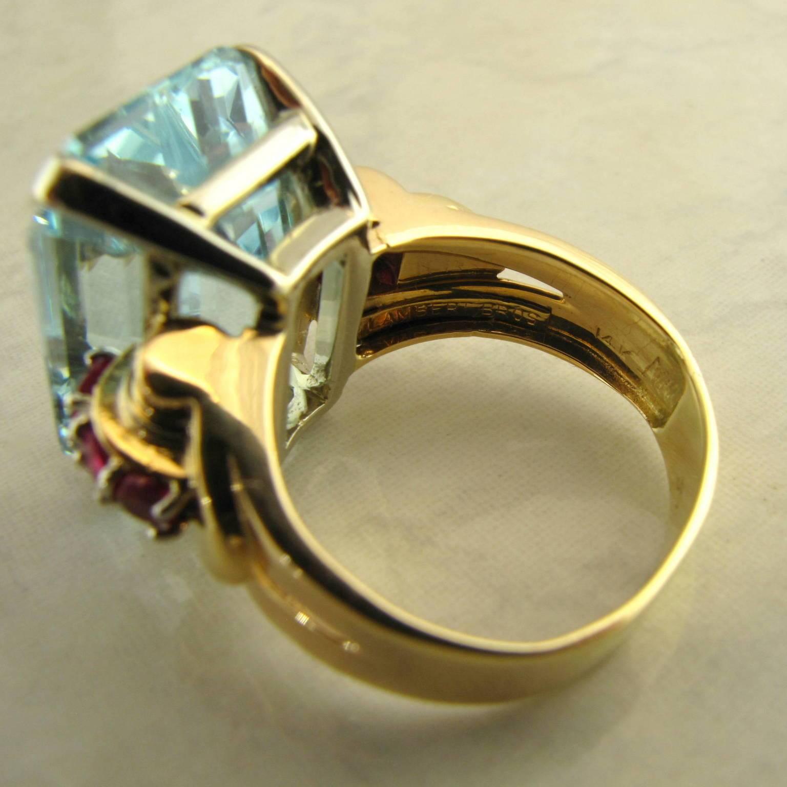 Aquamarine Ruby Retro 14 Karat Rose Gold Ring For Sale 1
