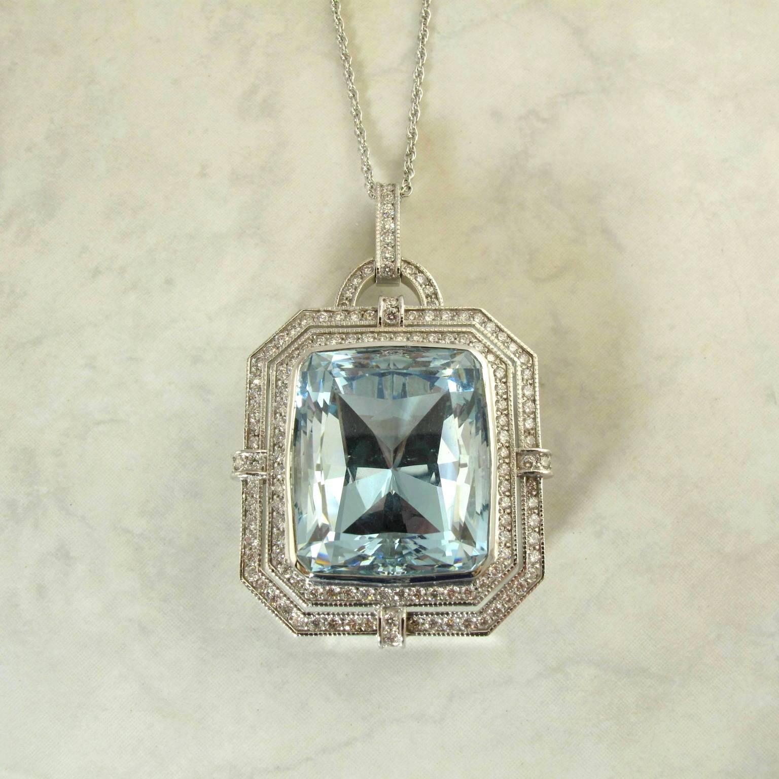 Aquamarine Diamond White Gold Pendant Necklace For Sale 1