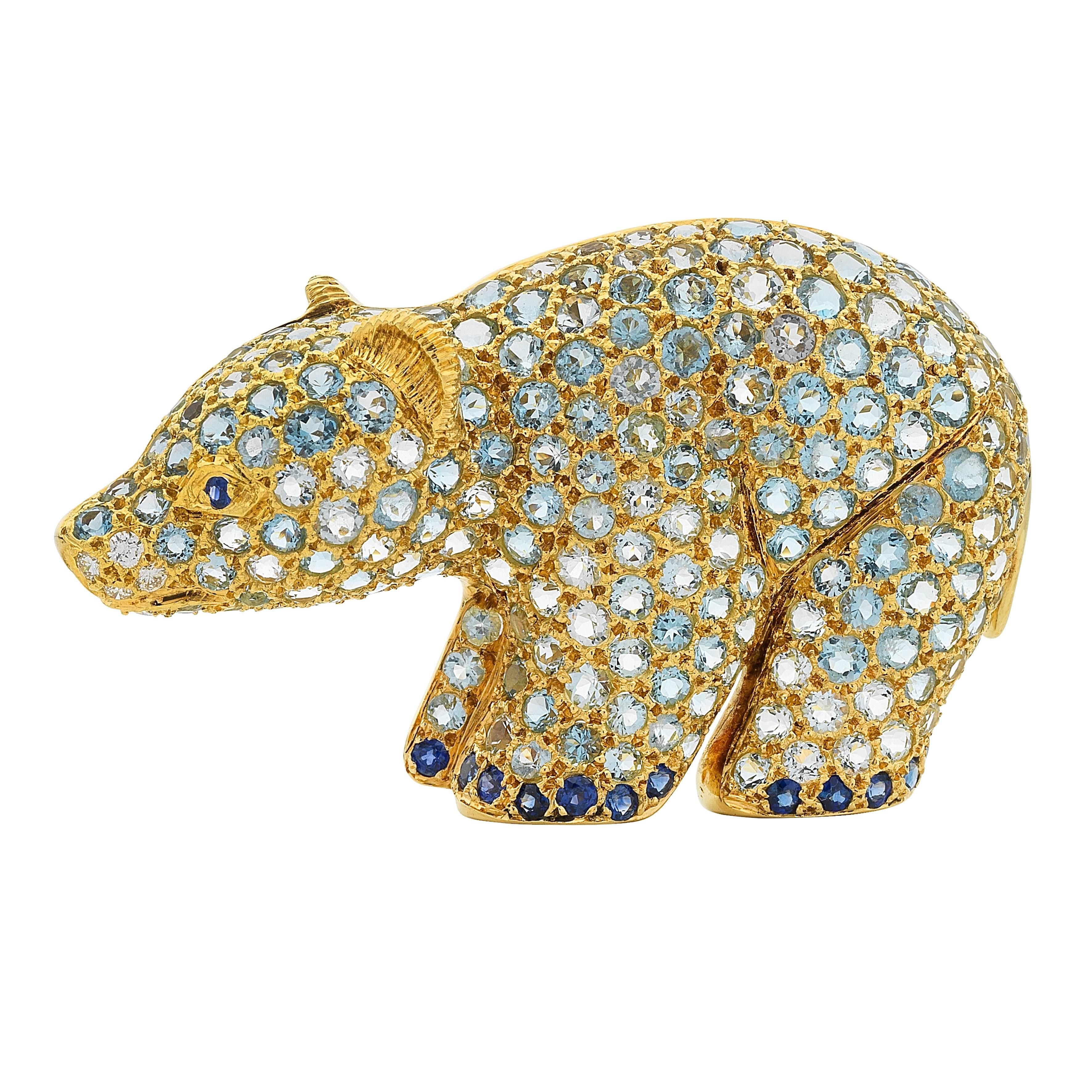 Jean Vitau 18ct Gold Polar Bear Aquamarine, Sapphire and Diamond Brooch/ Pendant