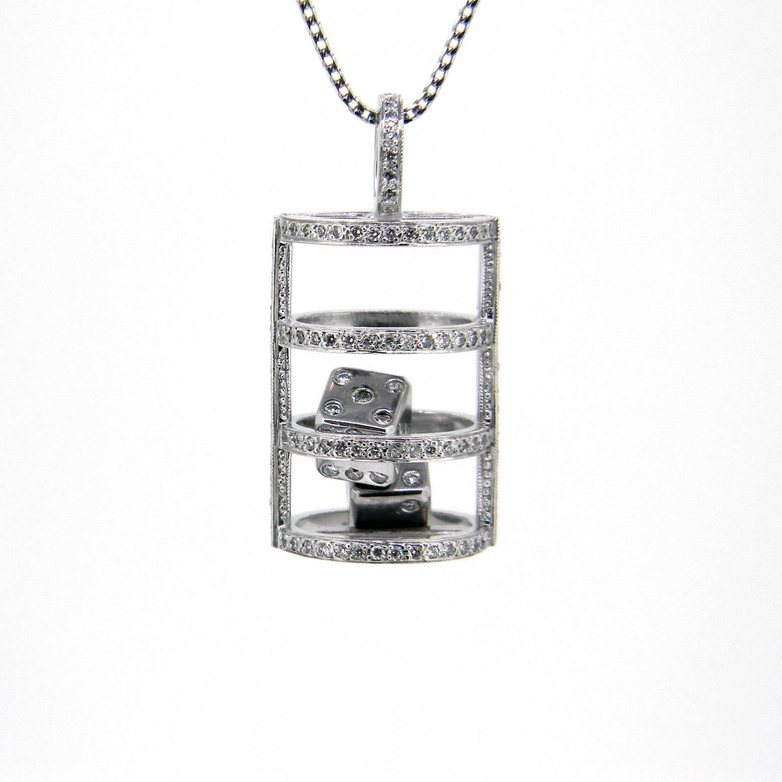 The thrill of the roll of a dice can go with you everyday with this beautiful 18ct white gold pendant designed and handmade by us here at Imp Jewellery, Melbourne. 

A diamond-set cage holds two diamond-set dice that roll around freely. 
The cage