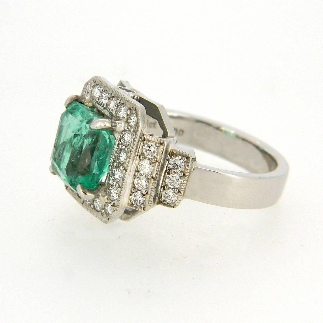 Emerald Cut 3.07 Carat Emerald Diamond White Gold Halo Ring For Sale