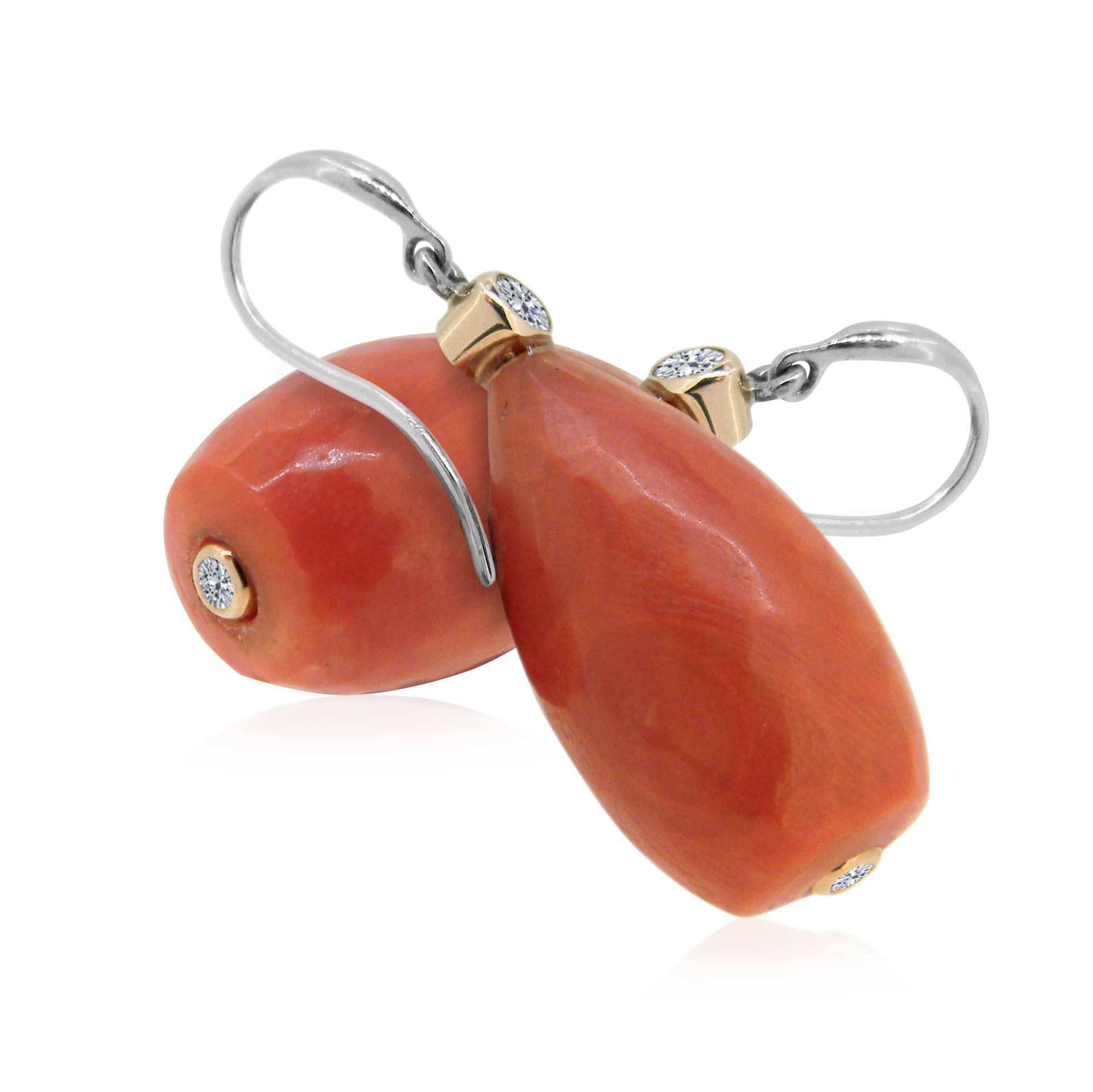 Modern 18ct Rose & White Gold Antique Coral Drop Earrings, with Hidden Diamond Accent