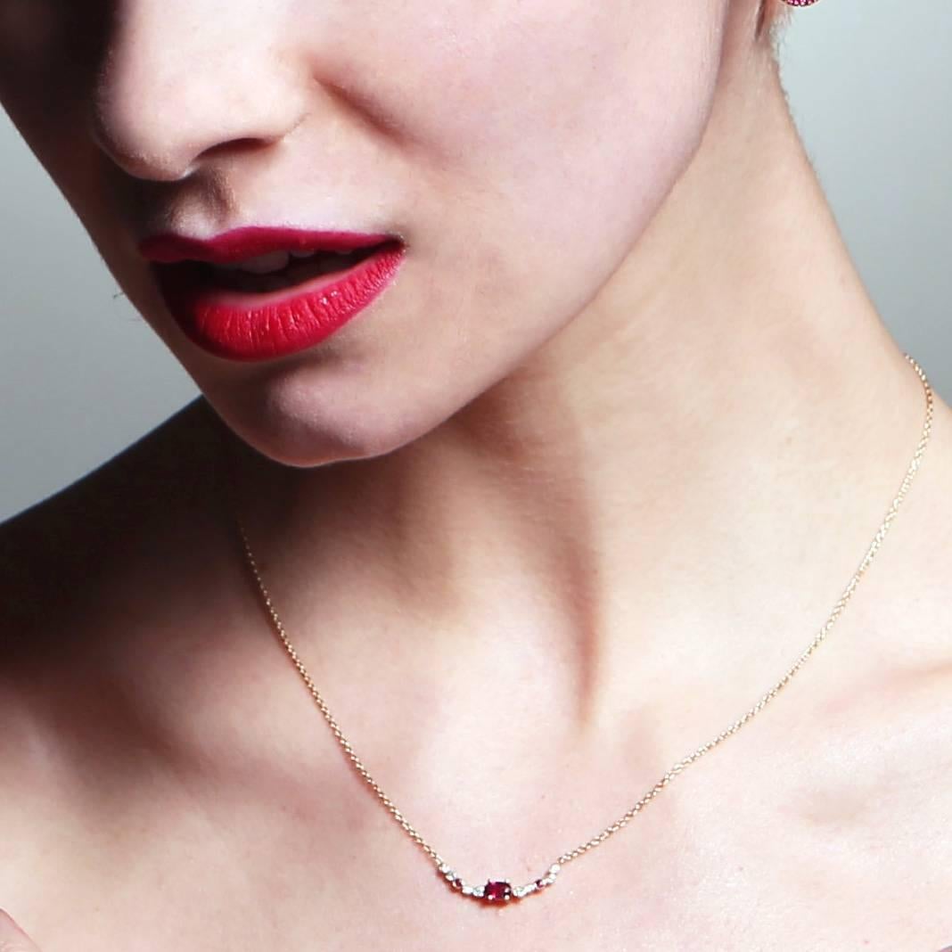 The elegant Seraphina Necklace has 0.35ct responsibly sourced unheated rubies from Gemfields and 0.10ct white diamonds set in 18kt gold. 

The lovely necklace has a length of 42.5cm (16.75") with an adjustable setting at 40.5cm (15.95")