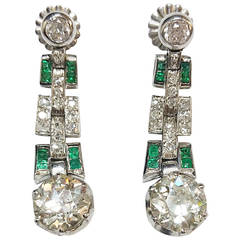 Art Deco Emerald Diamond Platinum Earrings