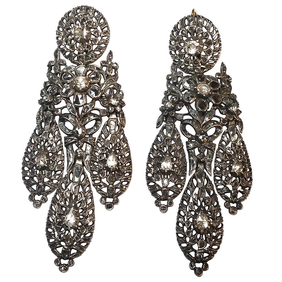 Late 18th Century Iberian Diamond Silver Earrings For Sale