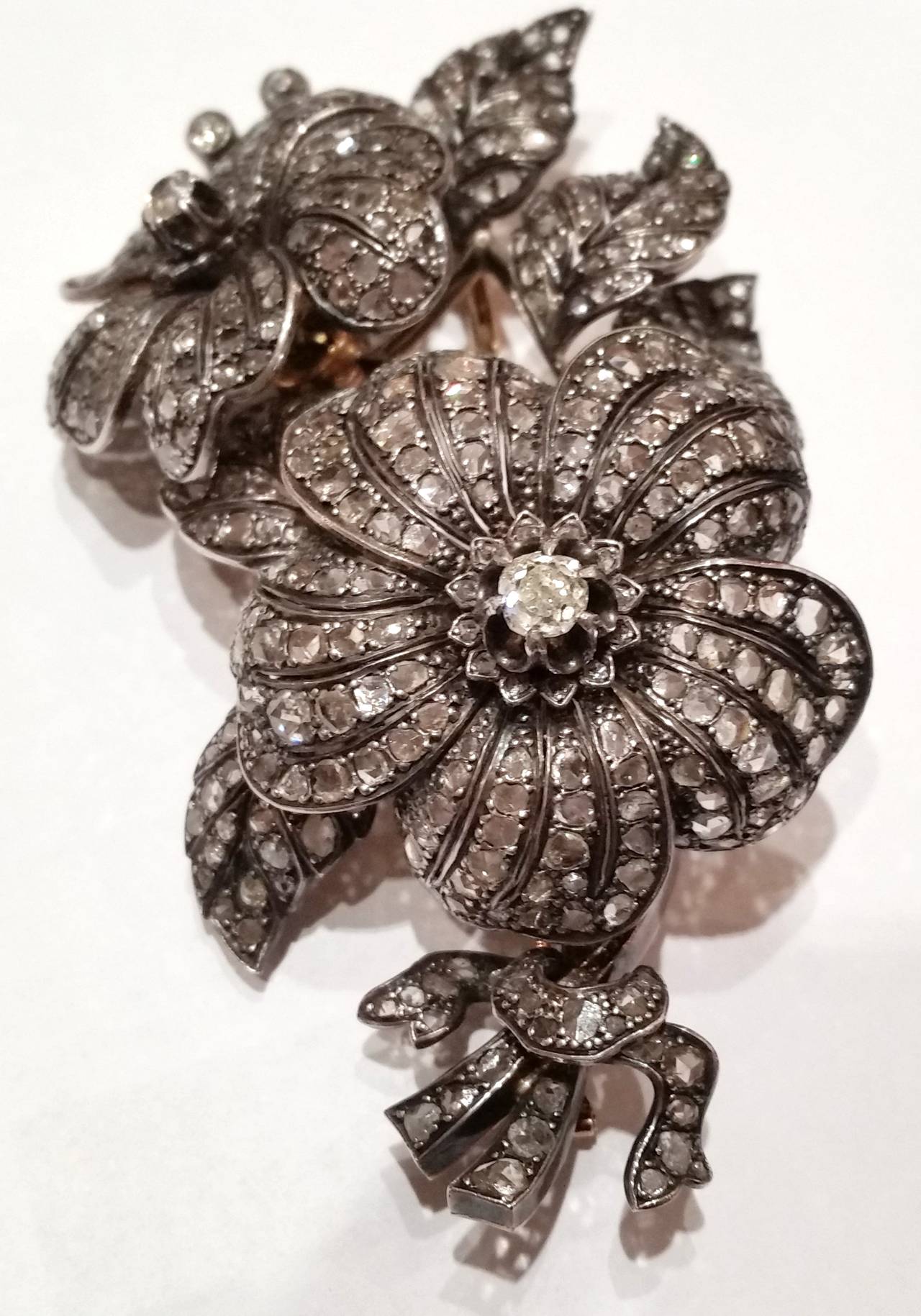 Georgian 19th Century Diamond Silver Gold Tremblant Flower Brooch For Sale