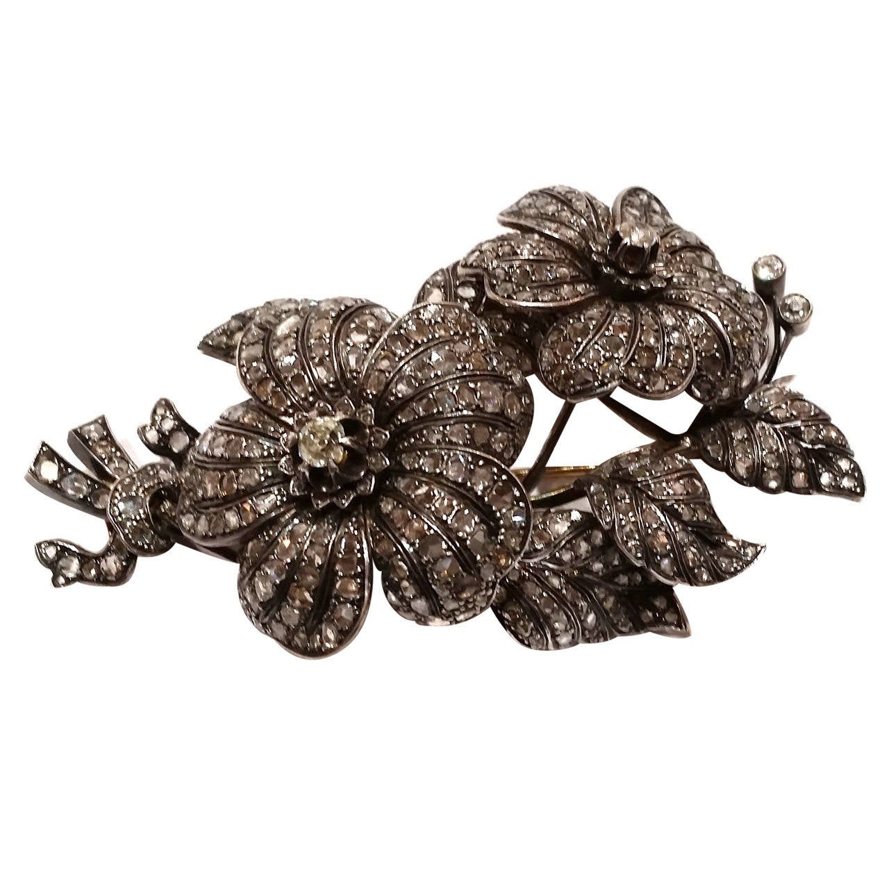 19th Century Diamond Silver Gold Tremblant Flower Brooch For Sale