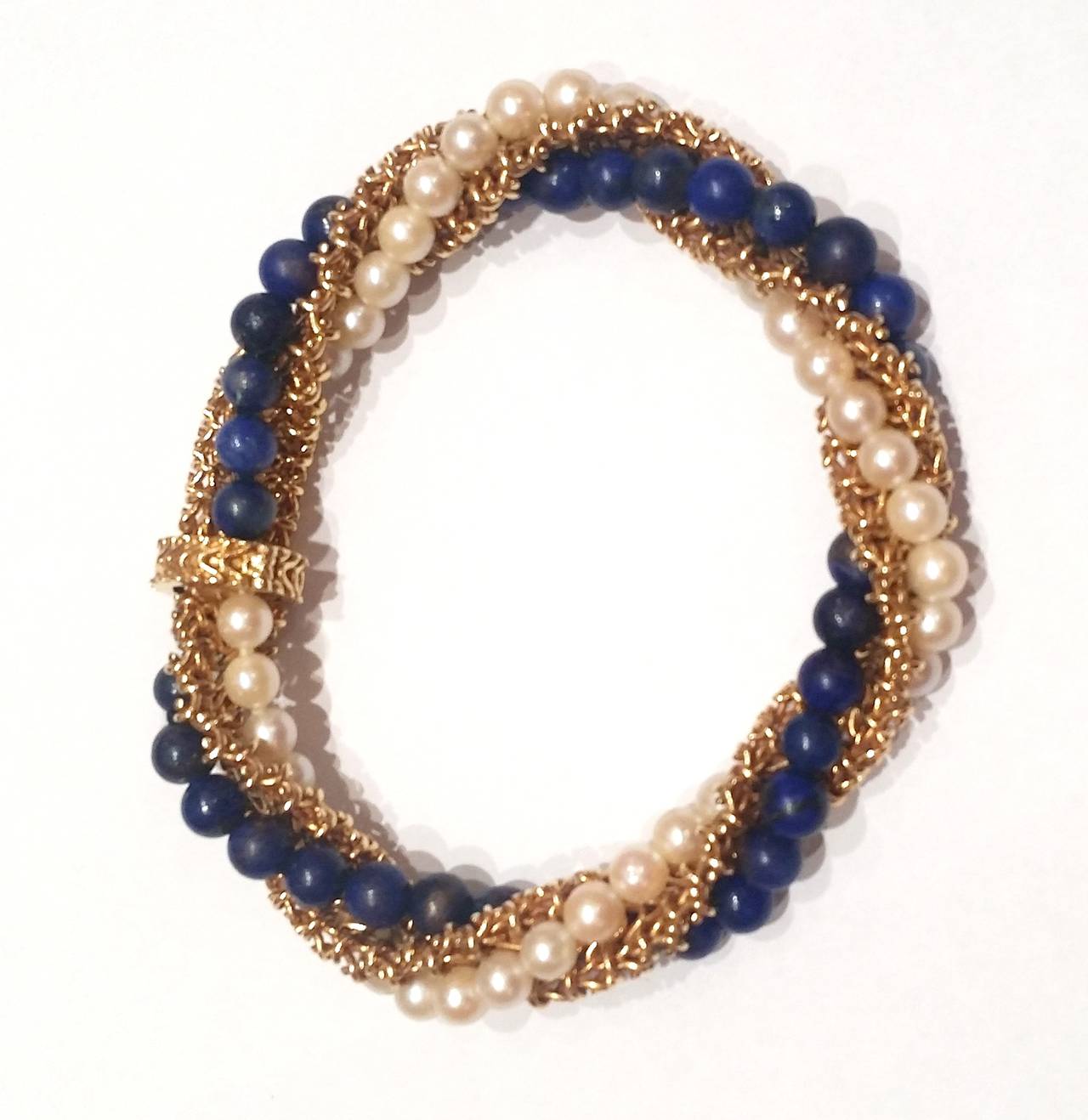 Retro 1960s French Lapis Pearl Gold Bracelet and Necklace