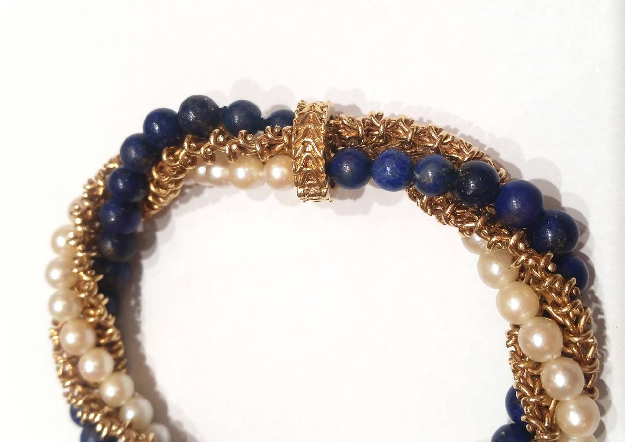 1960s French Lapis Pearl Gold Bracelet and Necklace In Good Condition In Barcelona, ES