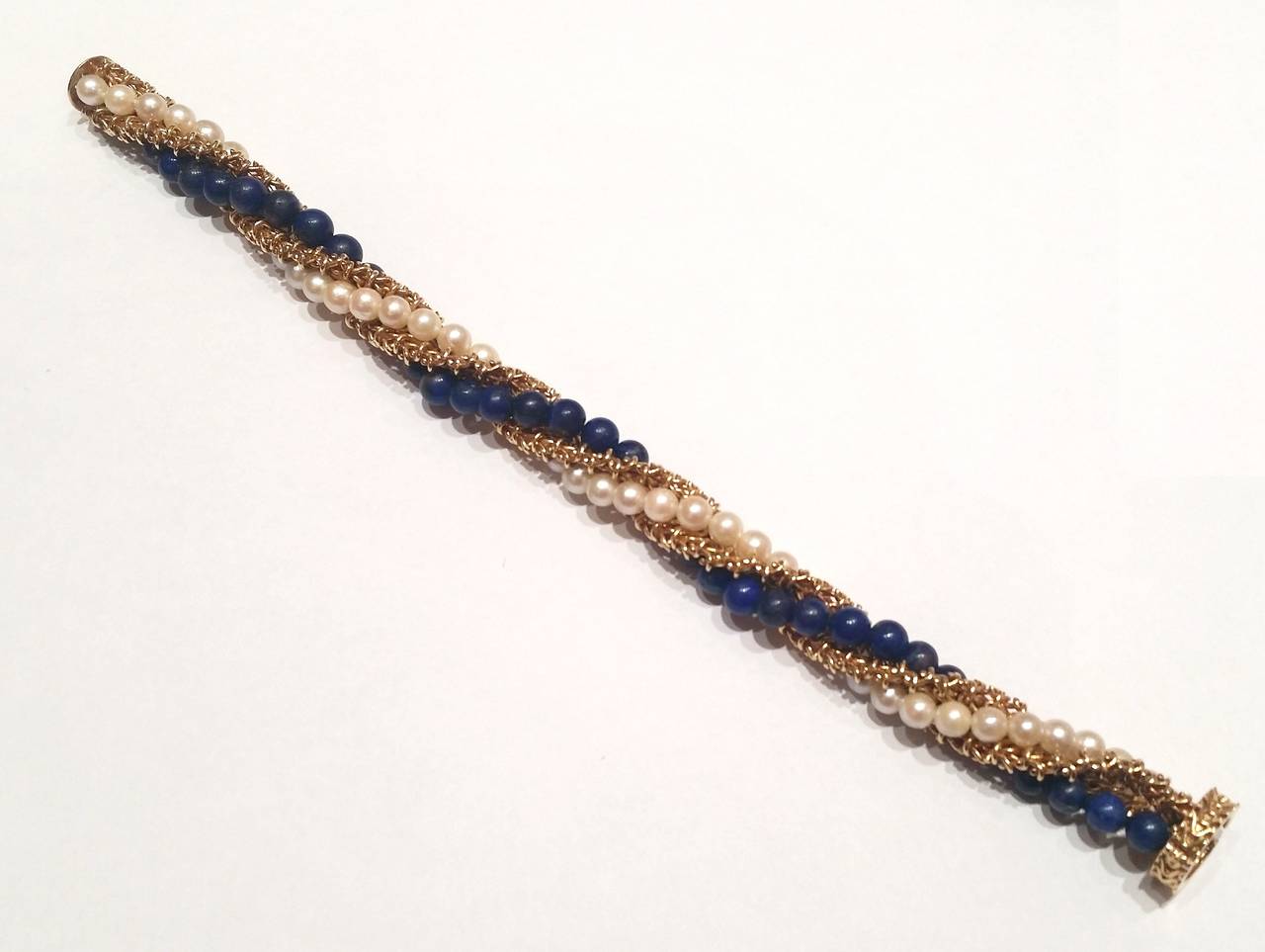 Women's 1960s French Lapis Pearl Gold Bracelet and Necklace