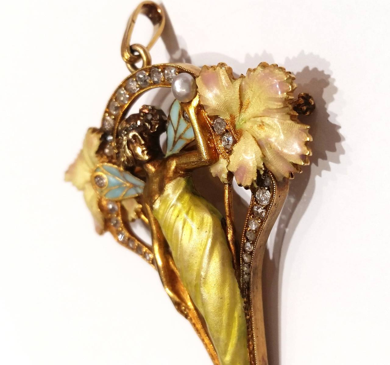 Art Nouveau 1900 Masriera Enamel Pearl Diamond Gold Pendant Brooch