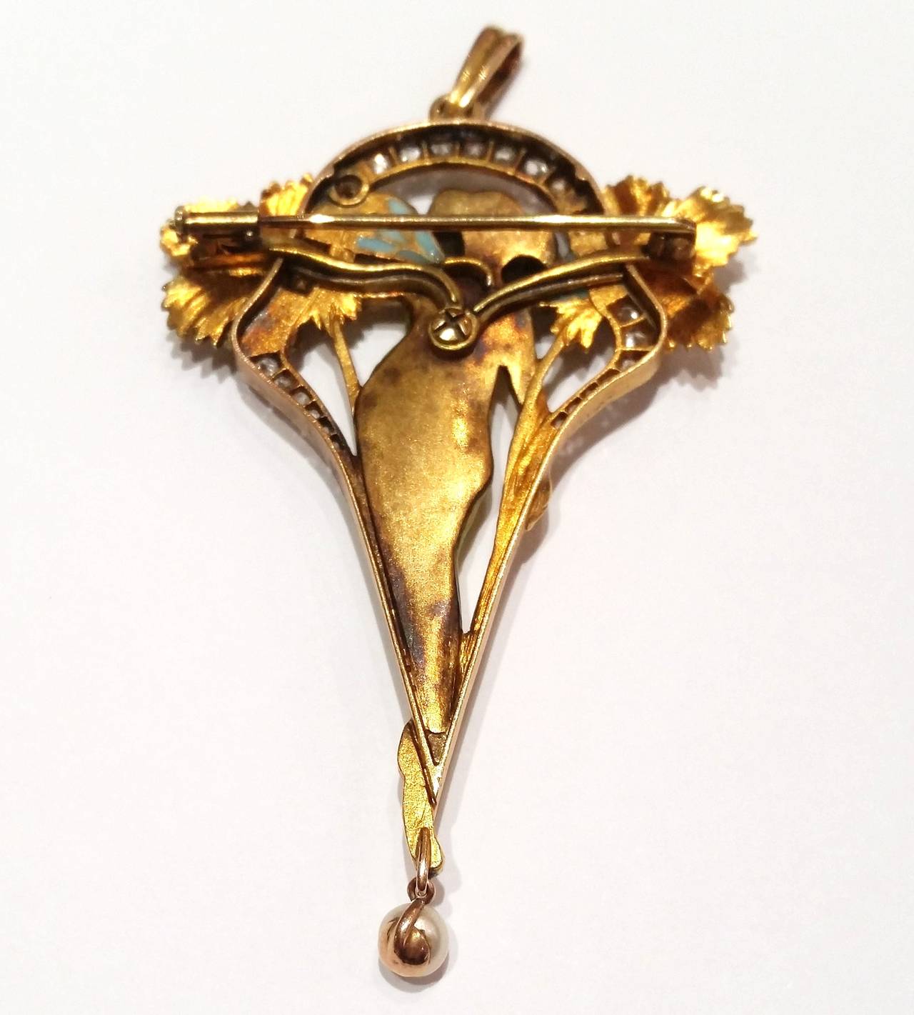 1900 Masriera Enamel Pearl Diamond Gold Pendant Brooch In Good Condition In Barcelona, ES