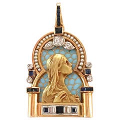 1930s Plique-a-Jour Enamel Pearl Sapphire Diamond Virgin Mary Pendant