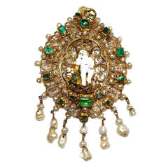 Antique 18th Century Colonial Pearl Emerald Gold Filigree Devotional Jewel