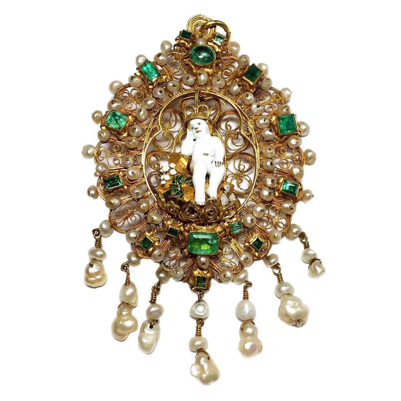 18th Century Colonial Pearl Emerald Gold Filigree Devotional Jewel For Sale
