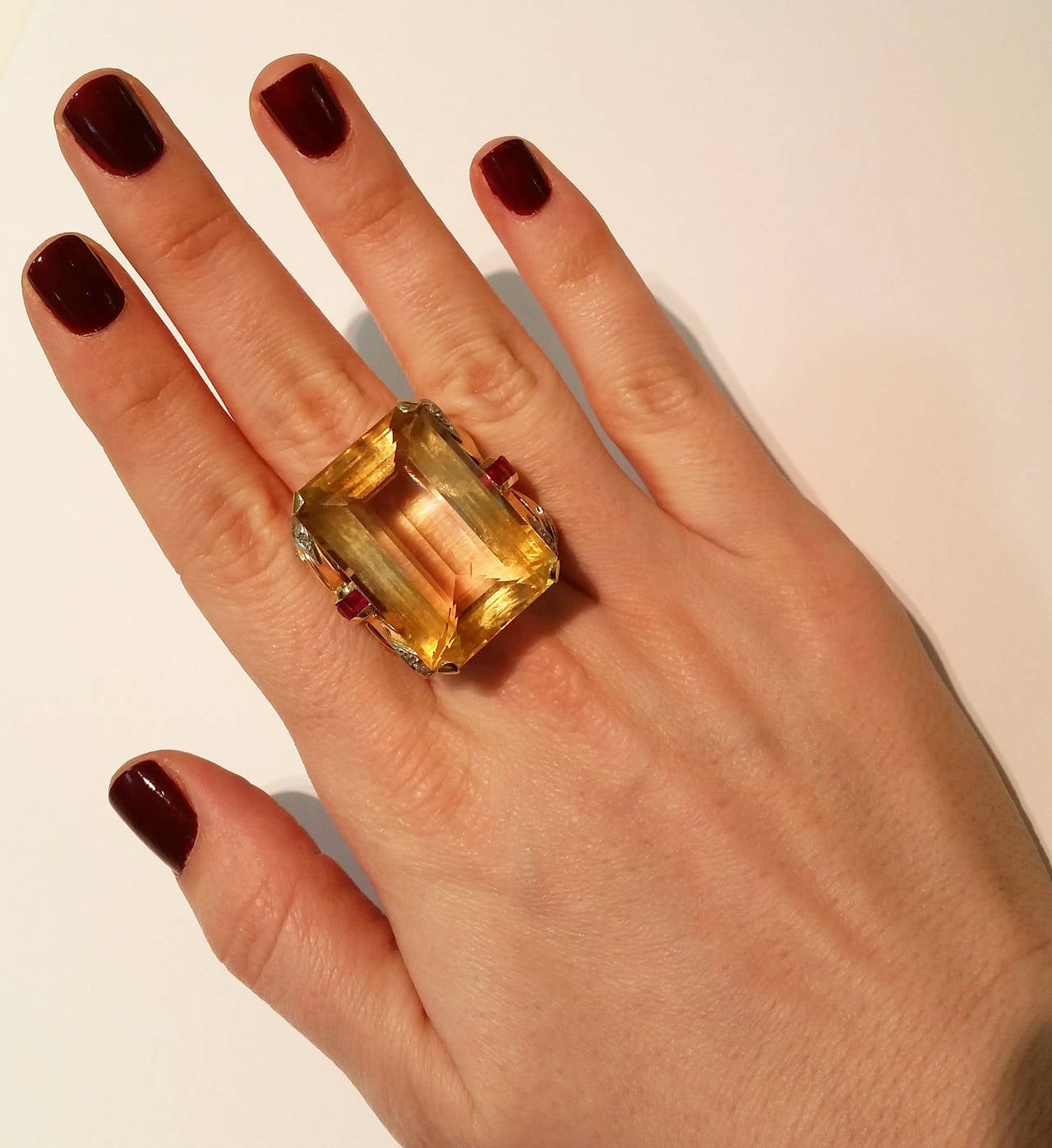 1940s Quartz Citrine Ruby Diamond Gold Ring