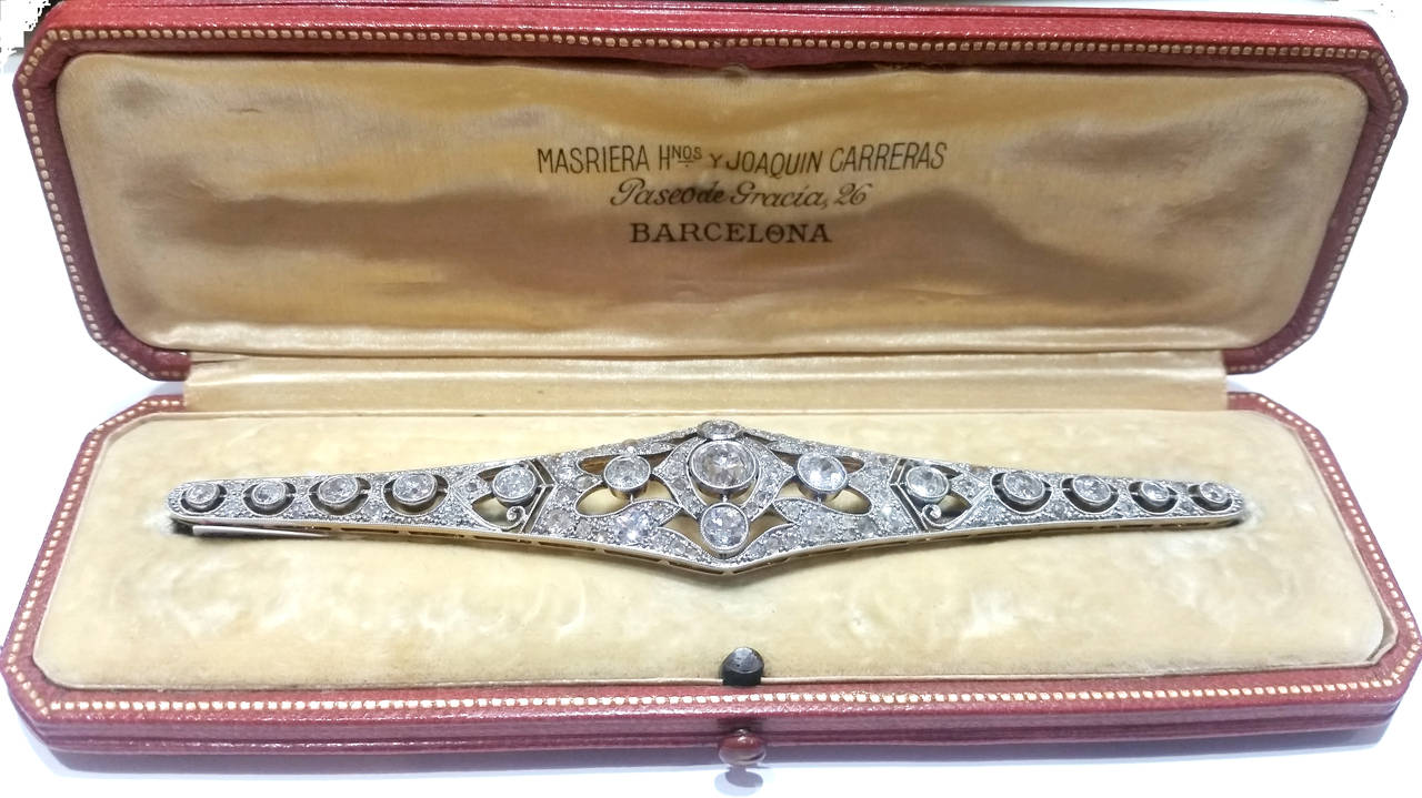 Early Art Deco Masriera y Carreras Diamond Gold Platinum Bar Brooch 2