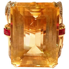 1940s Quartz Citrine Ruby Diamond Gold Ring