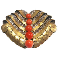 1930s Mercade Art Deco Coral Diamond Gold Brooch