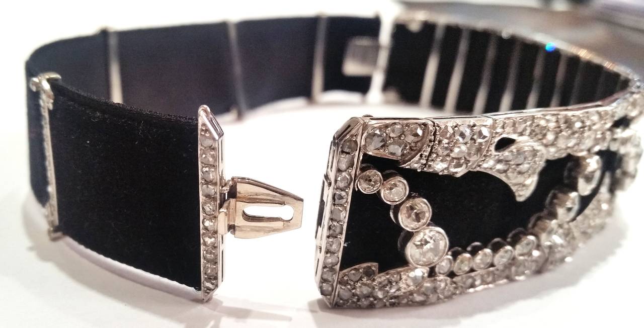 Women's or Men's Art Deco Diamond Platinum  Velvet Choker/Bracelet