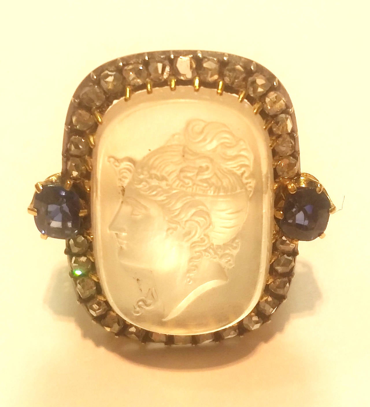 19th Century Carved Moonstone, Diamond and Sapphire Ring For Sale 3