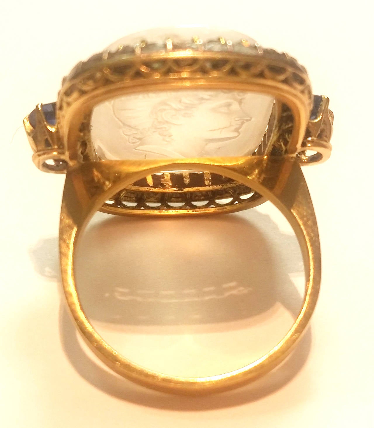 19th Century Carved Moonstone, Diamond and Sapphire Ring In Good Condition For Sale In Barcelona, ES