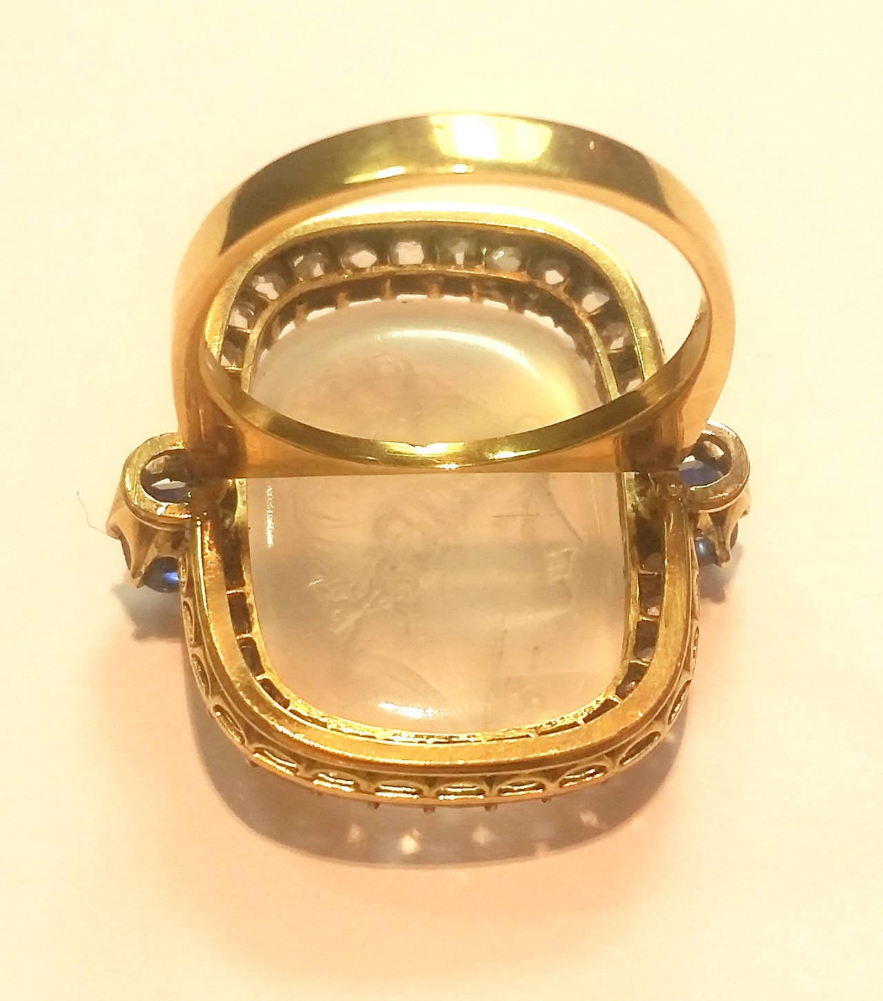 Women's or Men's 19th Century Carved Moonstone, Diamond and Sapphire Ring For Sale