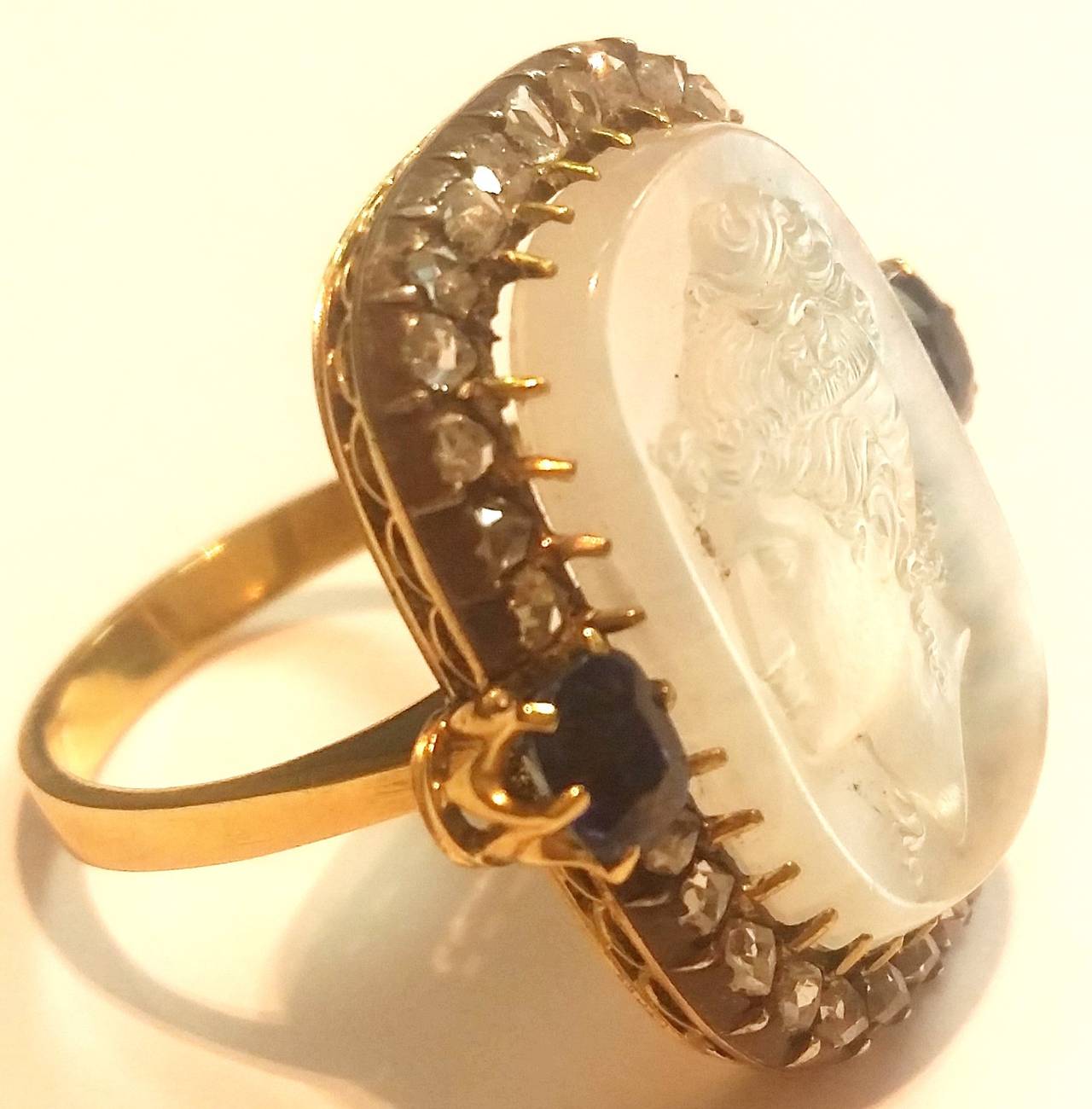 19th Century Carved Moonstone, Diamond and Sapphire Ring For Sale 1