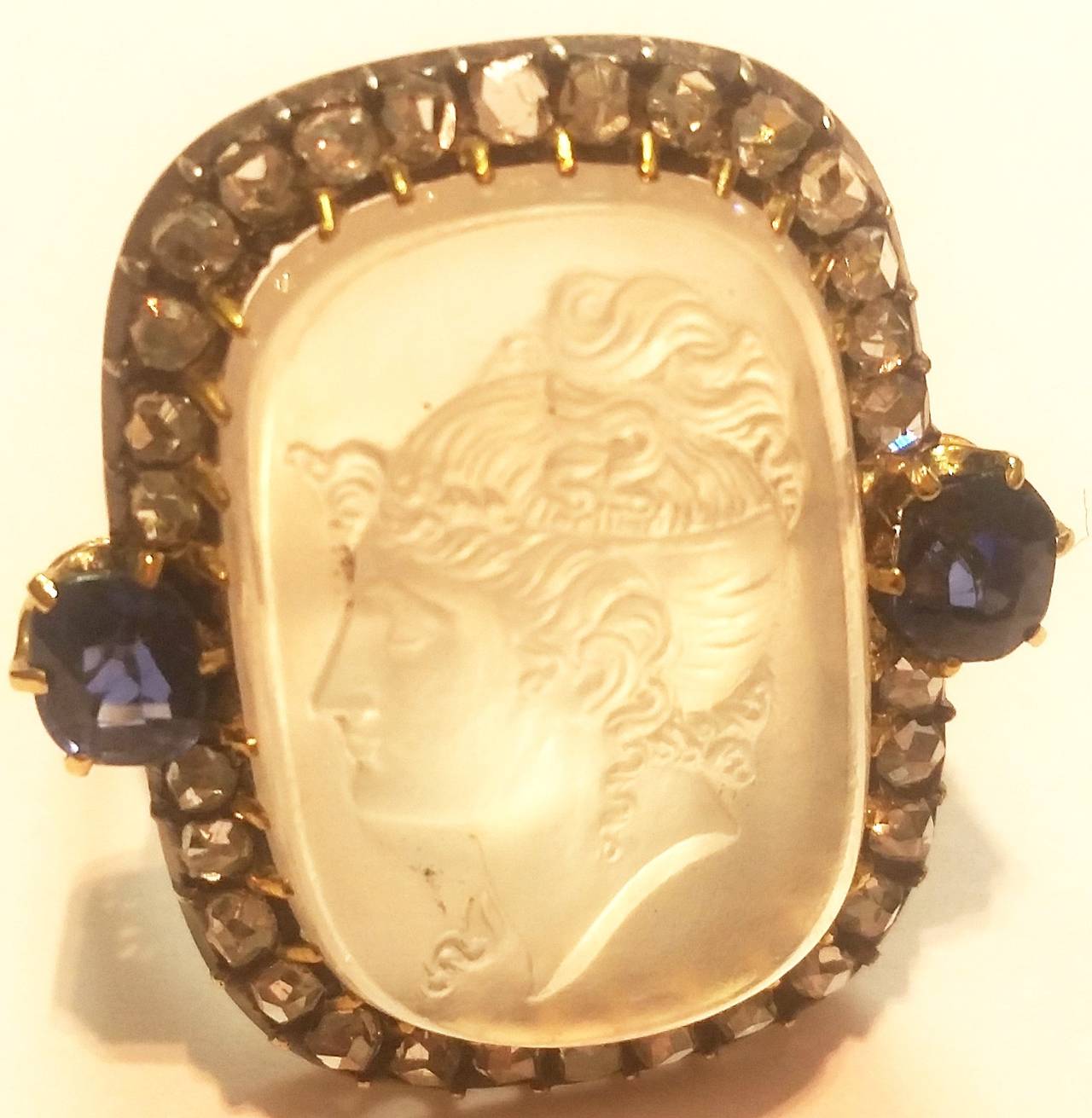 19th Century Carved Moonstone, Diamond and Sapphire Ring For Sale 2
