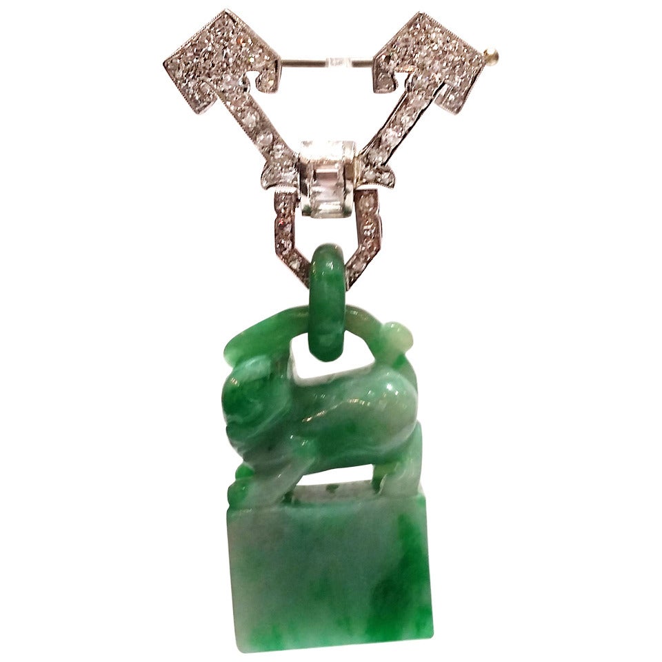 Art Deco Diamond Platinum Jade Pendant Brooch For Sale