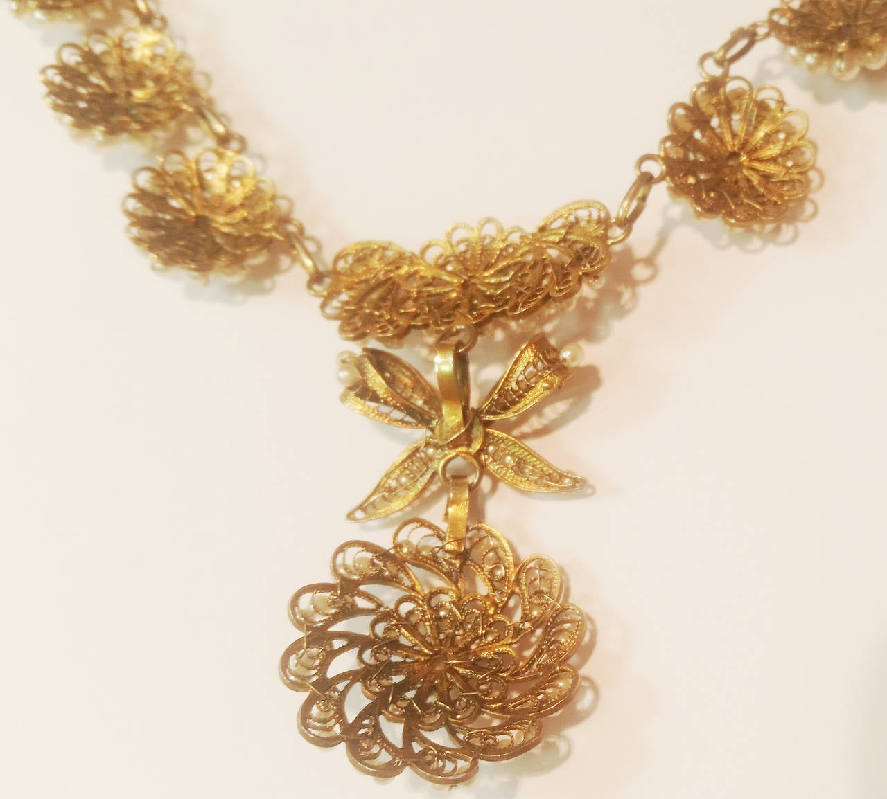 19th Century Pearl Gold Filigree Rosette Necklace and Earrings For Sale 4