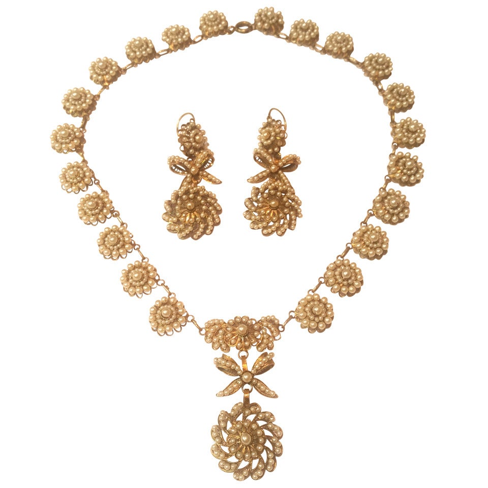 19th Century Pearl Gold Filigree Rosette Necklace and Earrings For Sale